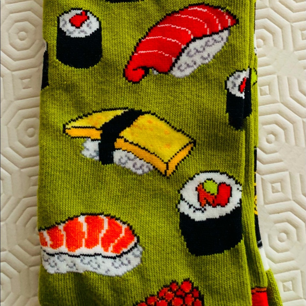 Funny Green cotton Men’s socks with colorful sushi prints US Men Size 7 to 13